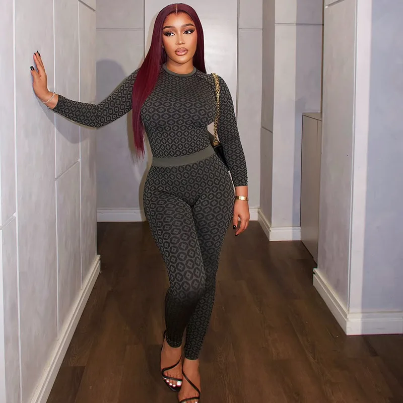 จั๊มสูทผู้หญิงซิสเตอร์สตาร์แฟชั่นสลิมฟิตยืดพิมพ์ลายคอกลมแขนยาวชุดจั๊มสูทลำลองสำหรับเดินทางที่ดูสง่างาม