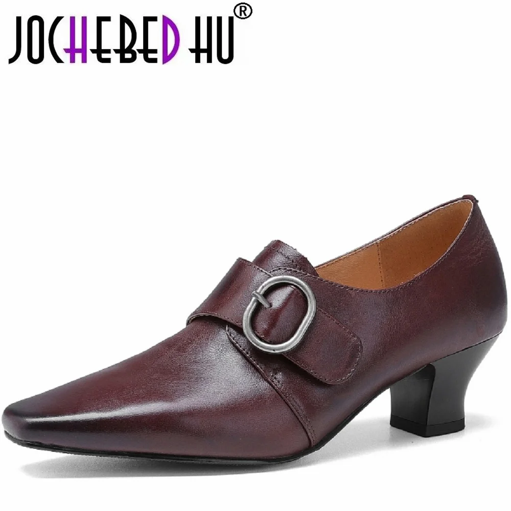 【JOCHEBED HU】Women Handmade Genuine Leather Soft and comfortable Square Toe Upper Thick Heel Single Shoes Easy to Wear Business