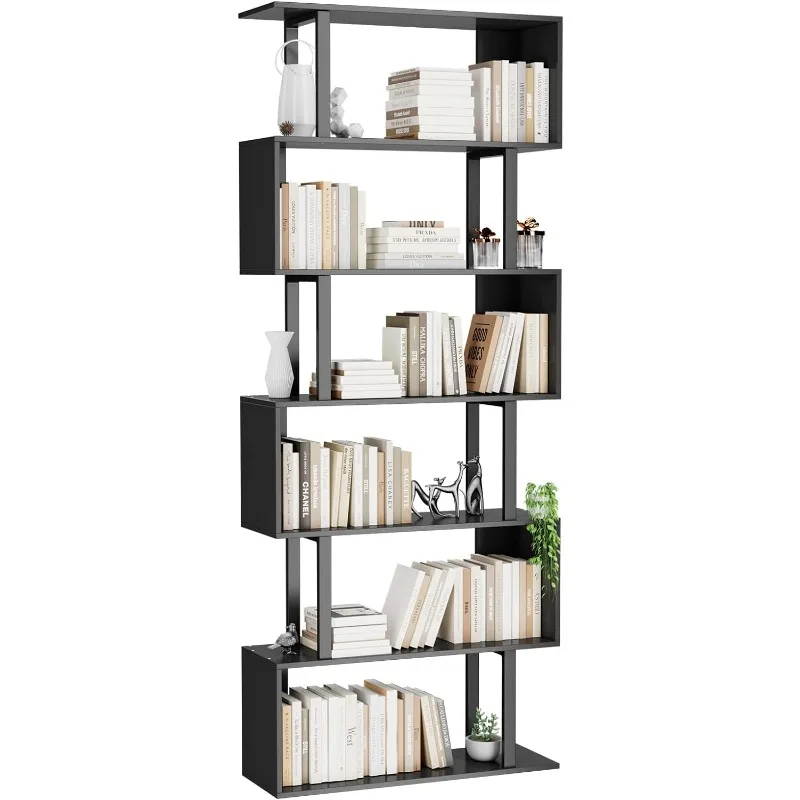 5 Tier Geometric Bookcase,S Shaped Bookshelf, Wood Decorative Storage Shelving, Modern Freestanding Display Shelves