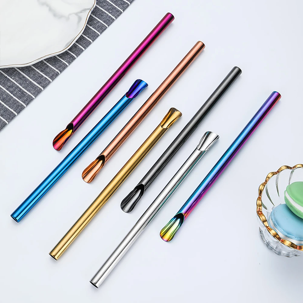 Reusable 304 Stainless Steel Straw Pearl Milkshake Bubble Tea 7Pcs Straw with Brush Bag Set Stirring Smoothie Spoon Shaped Straw