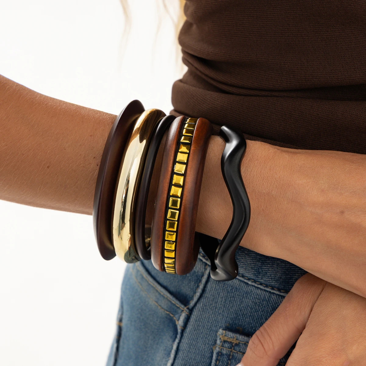 Ingemark 5-teiliges Set Vintage Acryl-Holz Runde Armreifen für Frauen Ethnische Mehrlagige Stapelbare Breite Armbänder Party-Schmuck – Detail 1