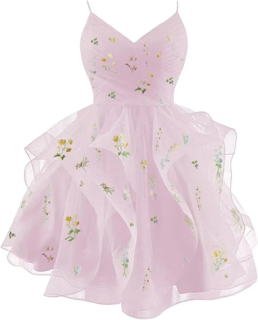 

Короткое блестящее выпускное платье с цветочной вышивкой, многоярусное, на тонких бретельках, с V-образным вырезом, из тюля с блестками, вечернее платье