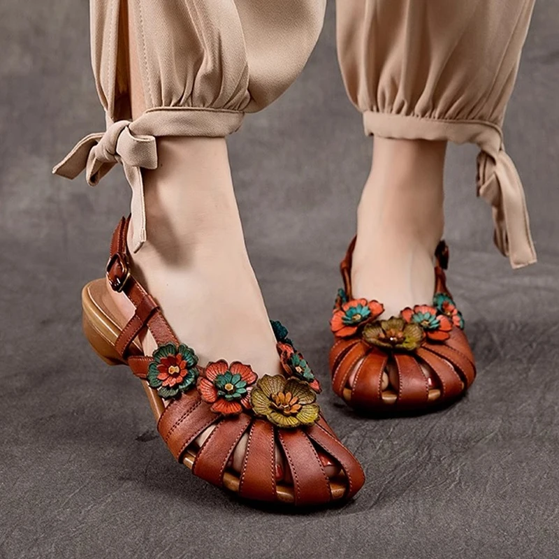 

Flower Women's Heeled Sandals Designer Chunky Shoes Woman 2025 Summer Fashion Slides Retro Dress Walking New Sandalias De Mujer