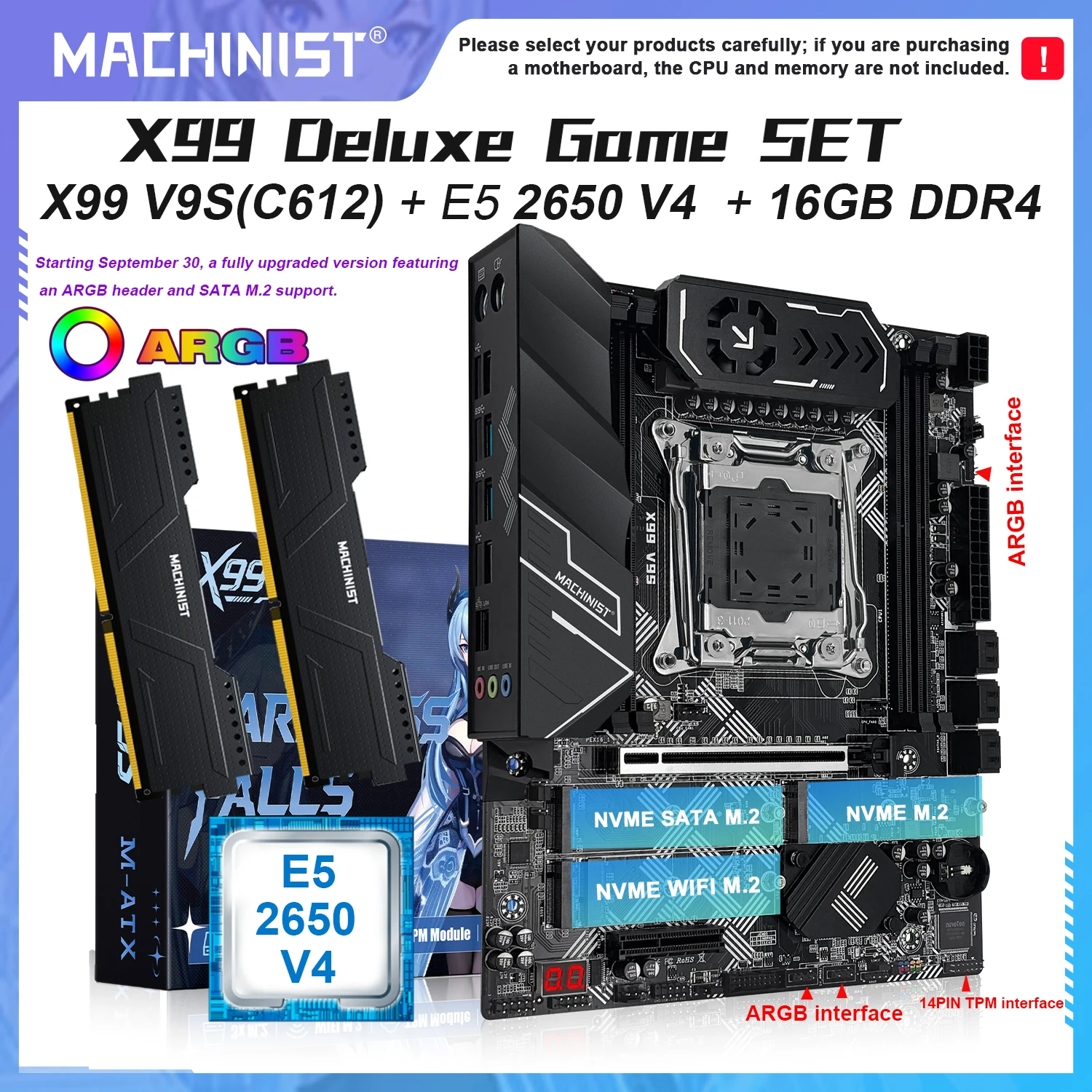 MACHINIST V9S X99 Motherboard LGA 2011-3 Kit Intel Xeon E5 2650 V4 CPU 16GB DDR4 2133MHz ECC RAM 3×NVMe M.2 M-ATX SATA3.0 TPM2.0