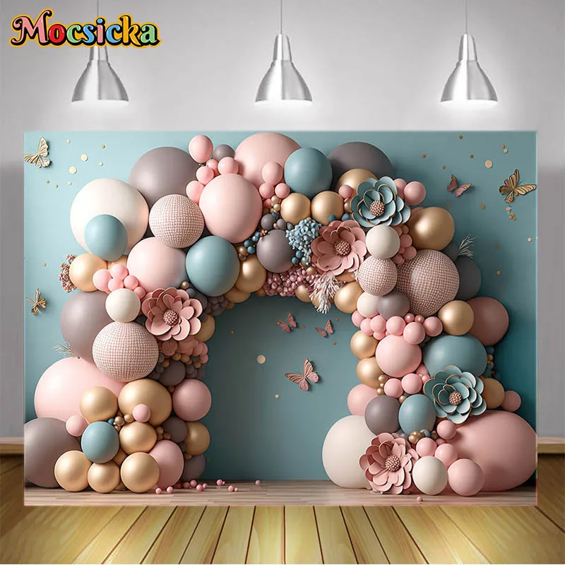 

Photography Background Colorful Balloons Pink Flowers Butterfly Little Baby Girl 1st Birthday Party Backdrop Portrait Banner