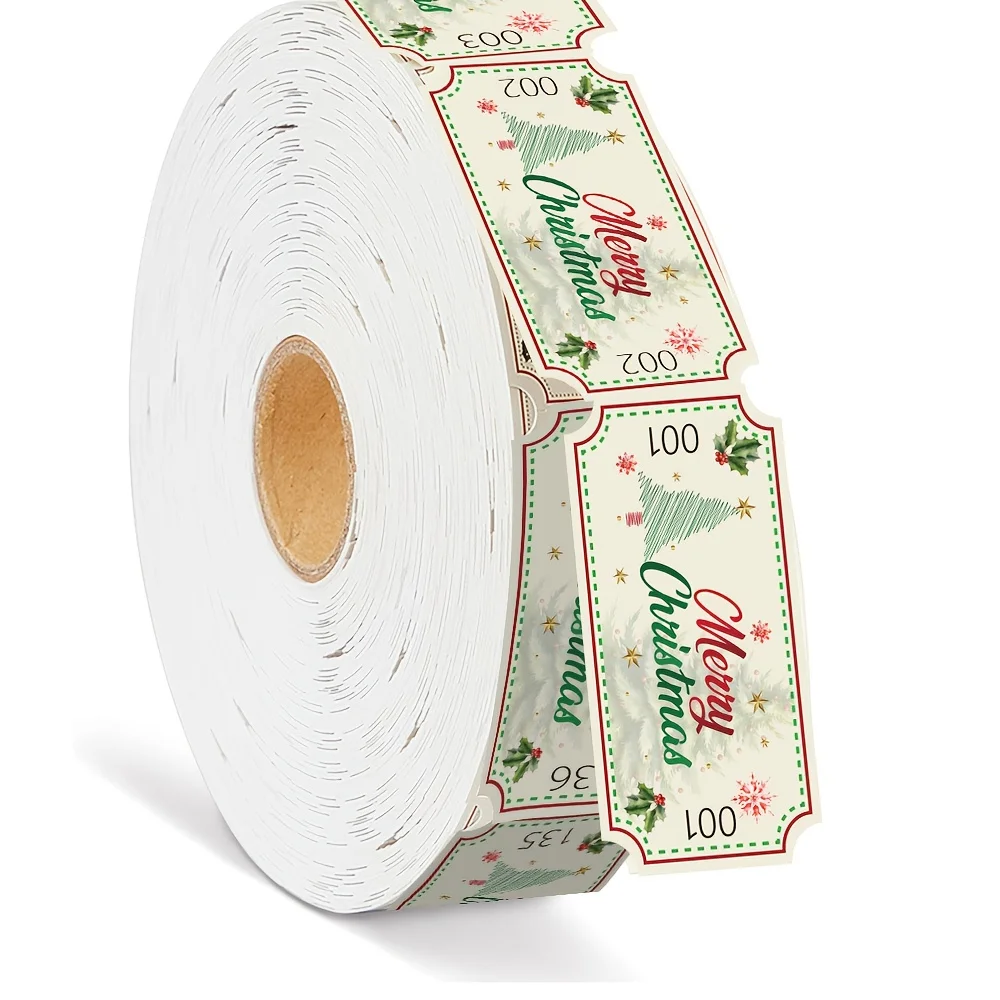 500pcs Merry Christmas Roll Raffle Tickets - Heavy-Duty Sequential Numbered Carnival Party Tickets with Golden Star Borders