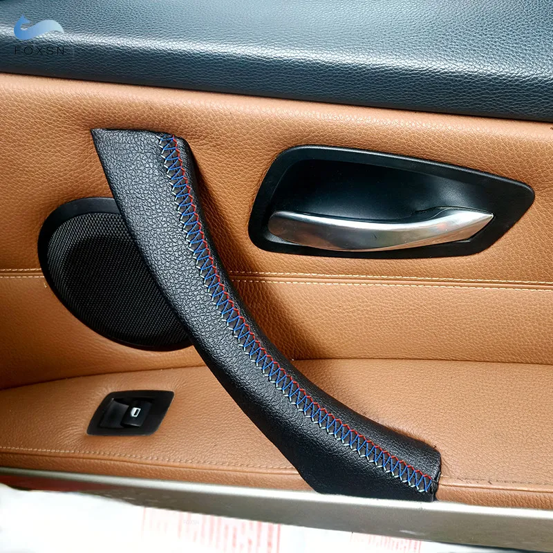 Inner Microfiber Leather Handle Pull Cover For BMW 3 Series E90 E91 Interior Car Door Panel Cover Trim Black with red blue line