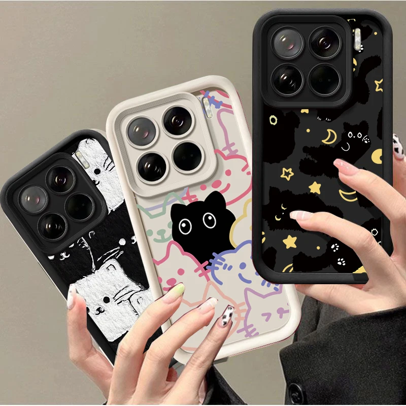 Coque de protection pour iPhone 17 16 15 14 Plus 13 12 11 Pro Max 17 Air 16E iPhone17 avec motif de chat noir, lune et étoiles de dessin animé, protection de l'appareil photo