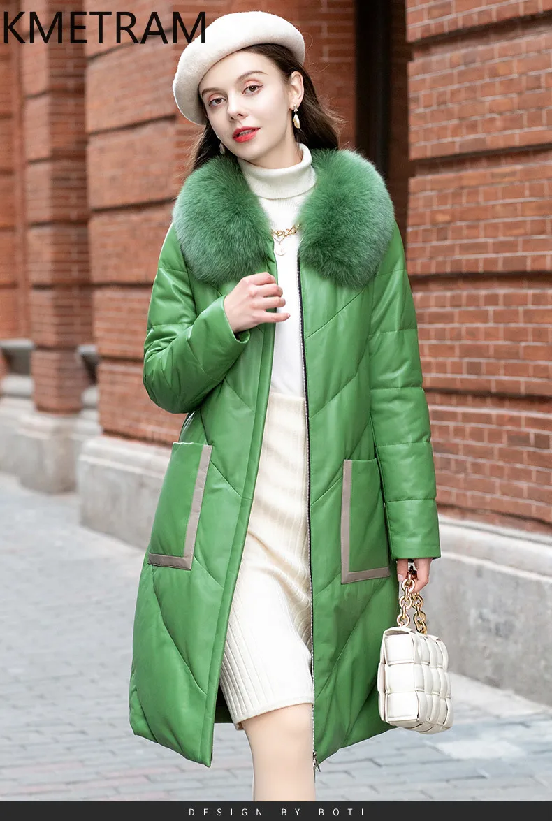 KMETRAM Natural Sheepskin Genuine Leather Down Jacket Women Fox Fur Collar Casual Green Outerwears 2025 Winter Long Coats пальто
