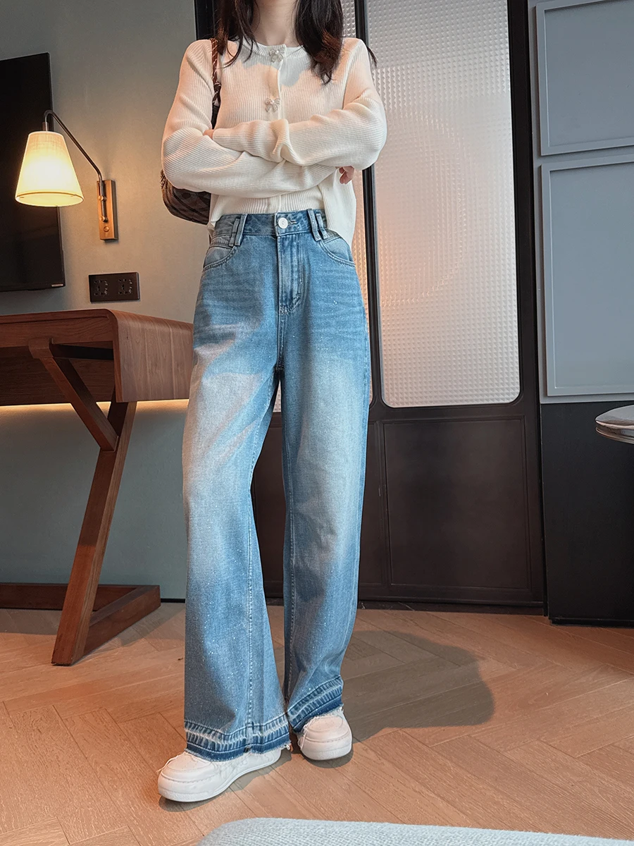 

Soft Pure Cotton Silver Ironing Loose Wide Leg Jeans Women's Spring Faion Slimming High Waist Frayed Hem Denim Pants