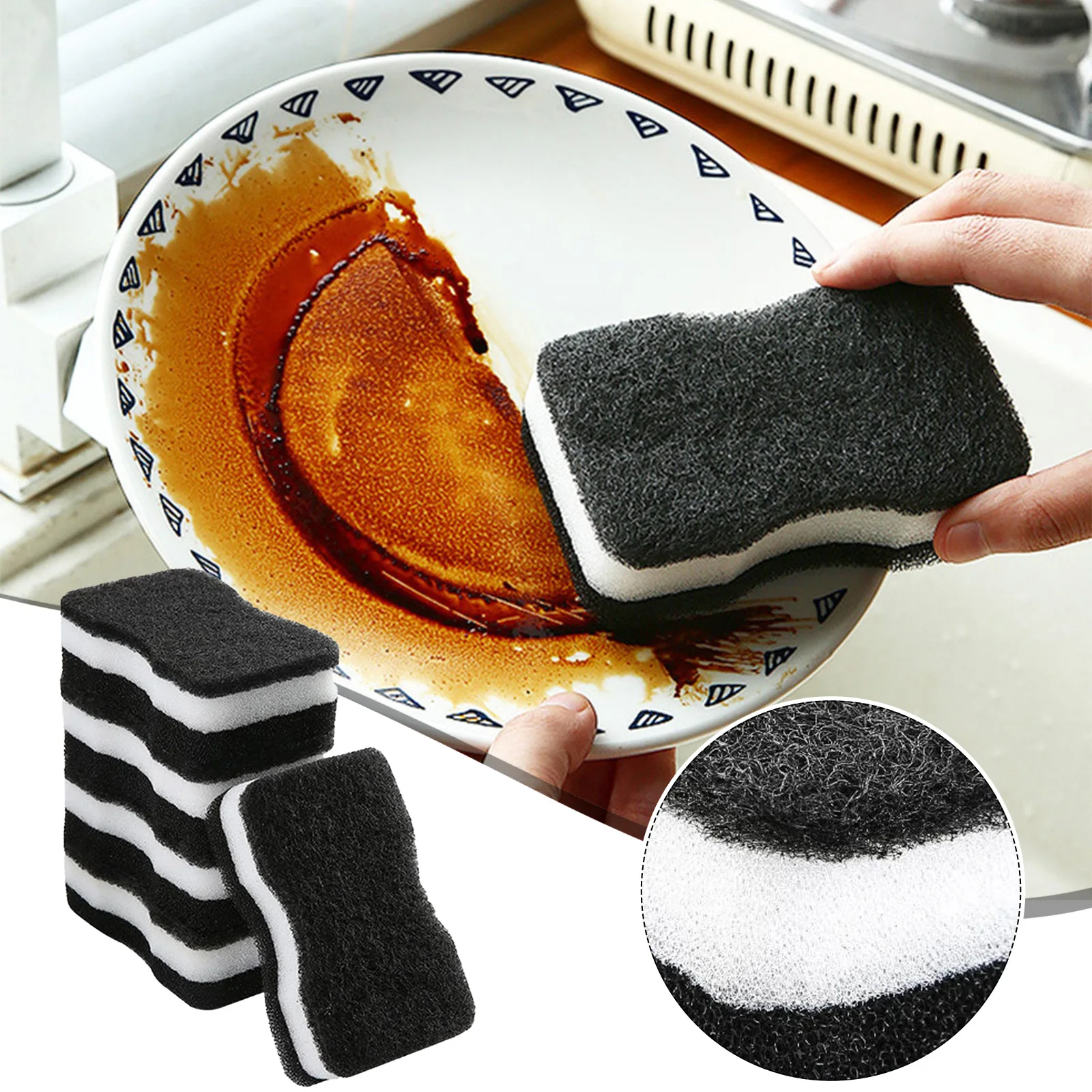 5PCS Black Dish Sponge Scouring Pad Kitchen Cleaning Sponge Wiping Loofah Multi Purpose Kitchen Cleaning Brushes