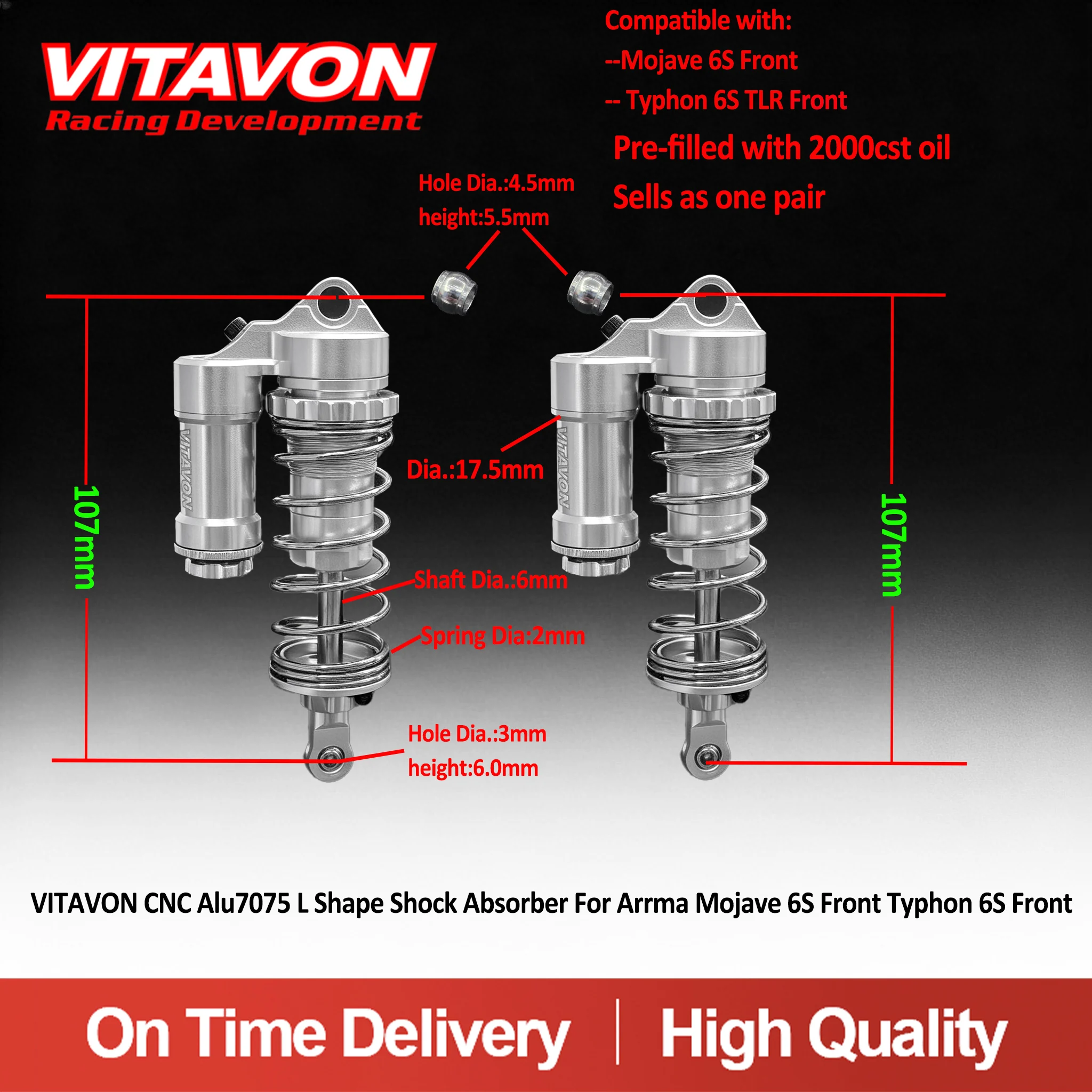 VITAVON CNC Alu7075 107mm L Shape Shock Absorber For Arrma Mojave 6S Front, Typhon 6S Front