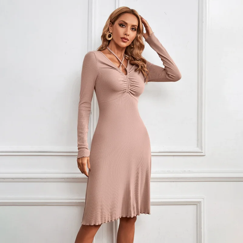 

YQ1-New Women's Fashion Waist CinchervCollar Tie Knitted Long Sleeve ElegantAMid-length Dress