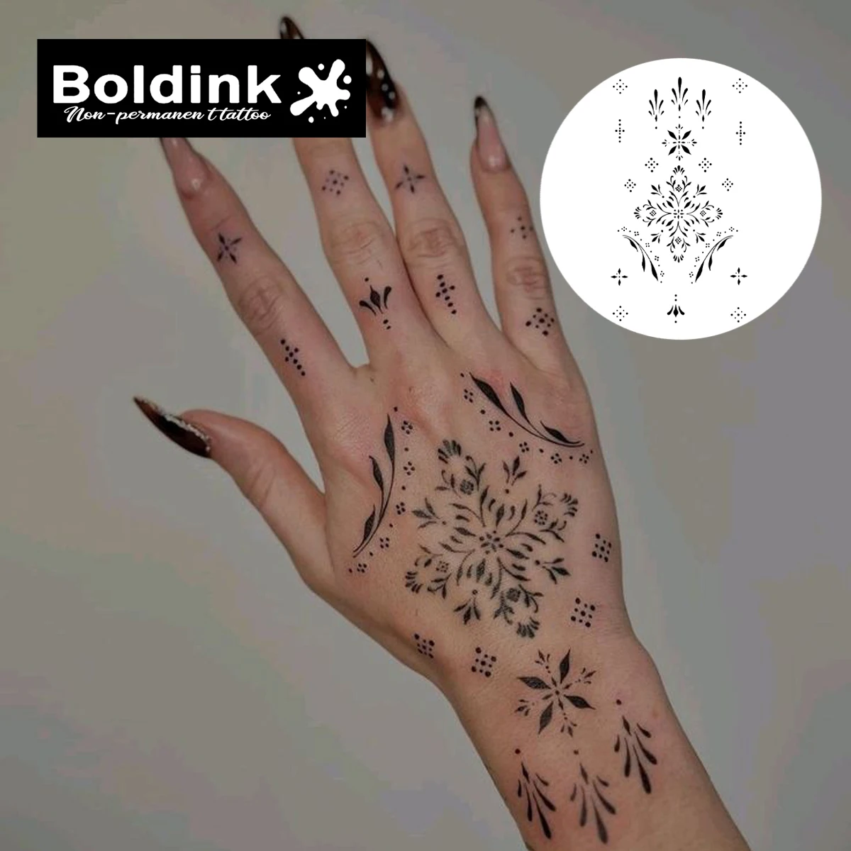 Boldink Plant-based Mandala Floral Pointillism Hand Tattoo Set for Painless Henna Alternative, Festival Body Art & Boho Casual S