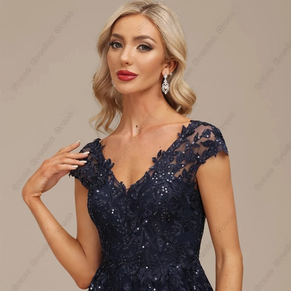 Ciemny granatowy bez ramiączek sukienki matki panny młodej dla kobiet krótki kimonowy rękaw suknia na przyjęcie ślubne z koronką miękki tiul Sparkle Vestido De 2023