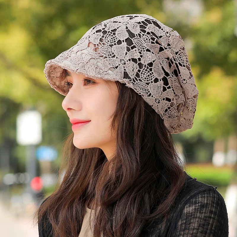 Ladies Lace Spring and Summer Thin Soft-brimmed Peaked Caps Lace Foreign Style Pile Hats Beanies Scarves Headscarves Head Caps