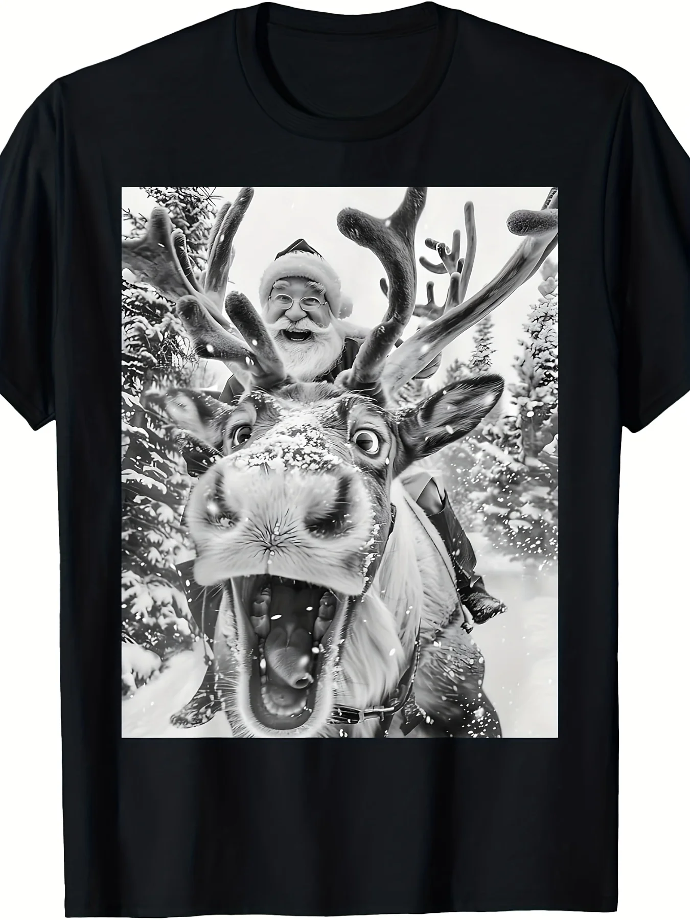Men's Plus Cotton, Fun Christmas Reindeer Selfie Santa Claus Christmas Sleigh T-Shirt