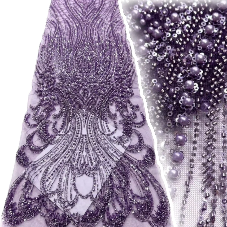 

High-End Handmade Beaded Lace Fabric France Sequins Embroidery Beads Nigerian Bridal Mesh Fabric for Sewing Dress 5 Yards AH1330