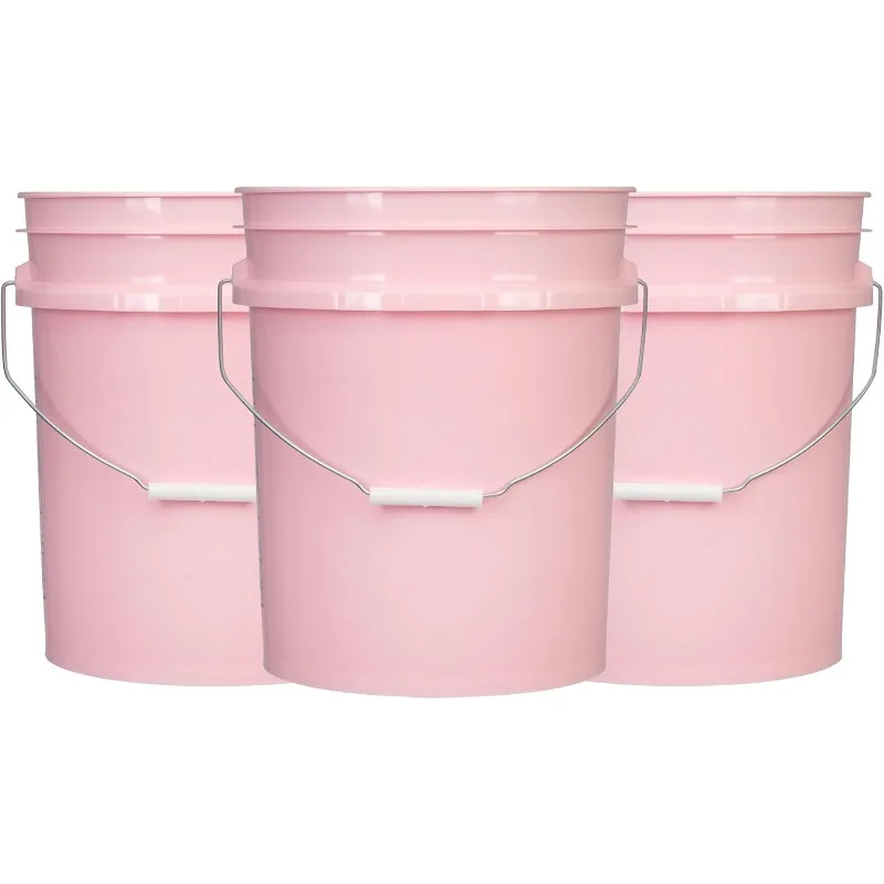 5 Gallon Pink Food Grade Plastic Storage Bucket (Pack of 3) Made in USA (Pink Buckets Without Lids)