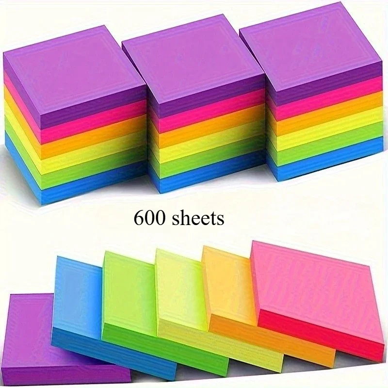 Juego de notas adhesivas autoadhesivas de 600 hojas: cuaderno colorido, colores neón brillantes, ideal para la organización escolar, del hogar y la oficina.