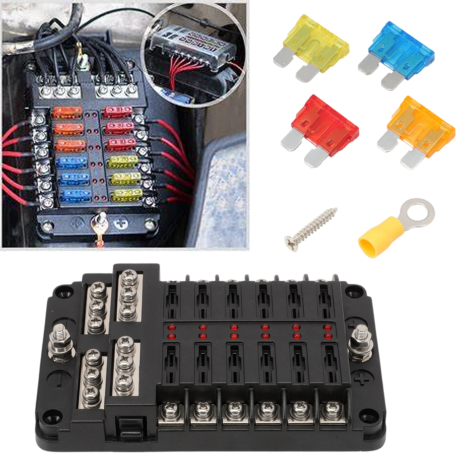 

12 Compartment Car Fuse Holder Fuse Box for Motorhome Boat Caravan Camper Trailer Fuses Power Distributor 12v -32v