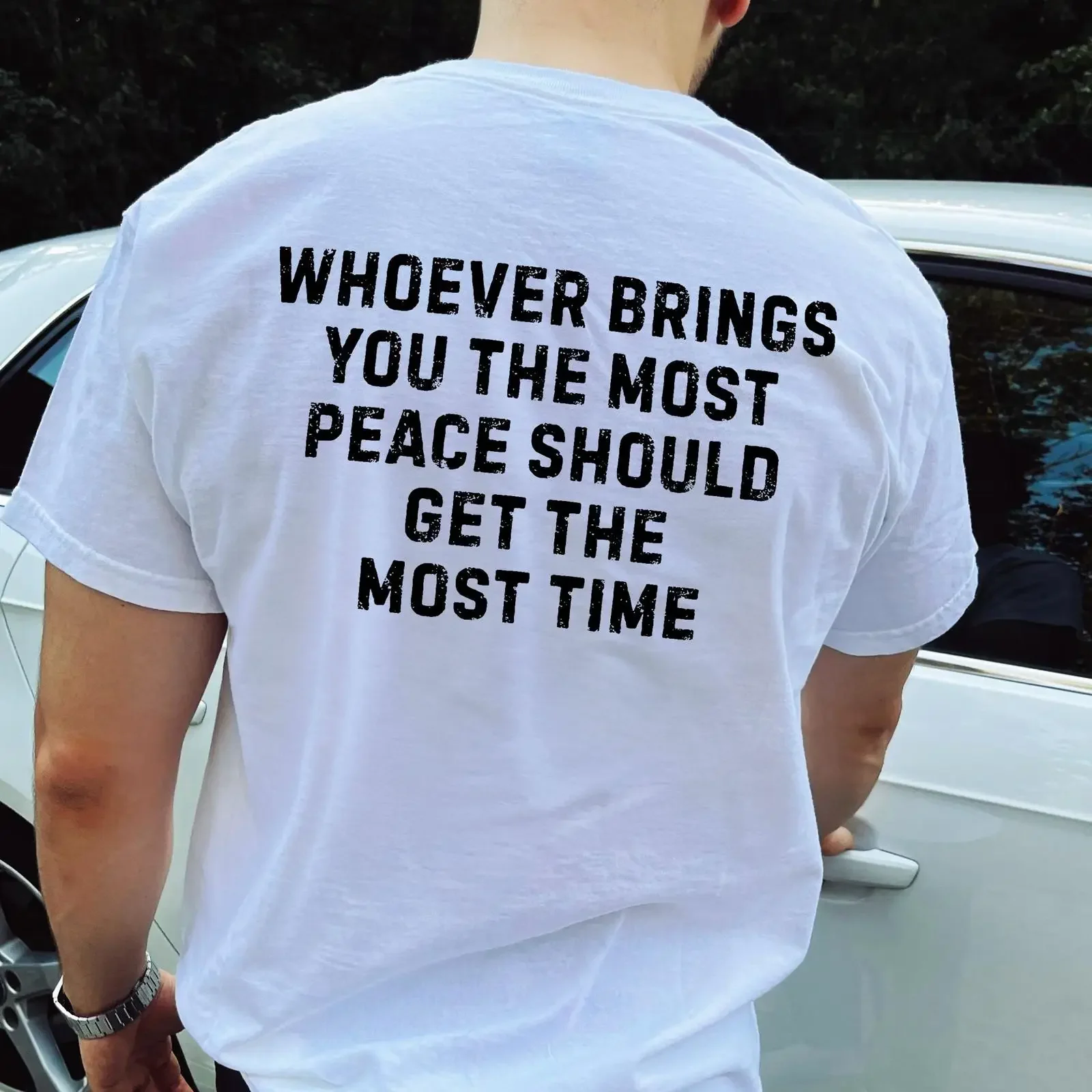Whoever Brings You the Most Peace T Shirt Inspirational Quote Minimalist Back PrinT vintage Washed Top For Everyday Wear