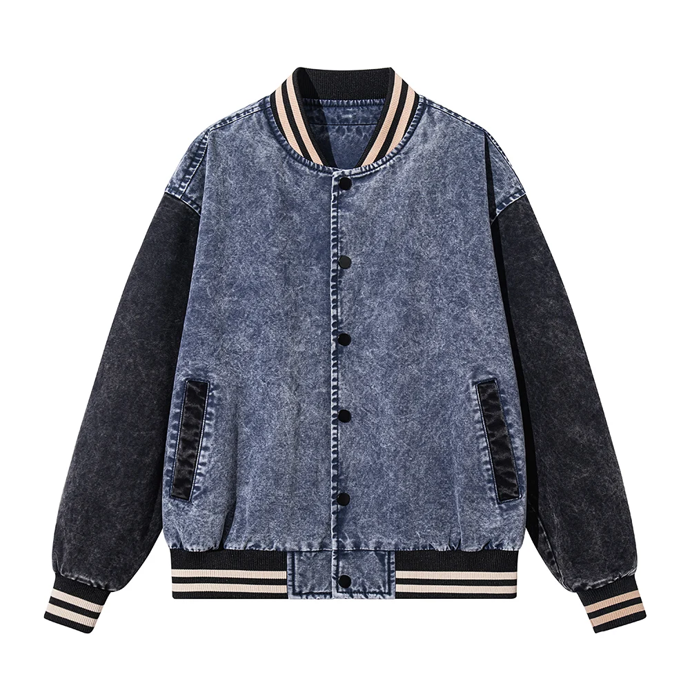Herren Vintage Washed Denim Varsity Jacke Farbblock Knopfleiste Mantel Locker Sitzende Passform Lässige Herbst-Winter-Oberbekleidung – Detail 3