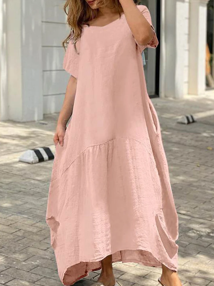 Hot Mulheres Verão Moda Algodão Linho Bolso Vestido Casual Manga Curta O Pescoço Solto Vestido Longo Simples Solid Lady A-Line Vestidos