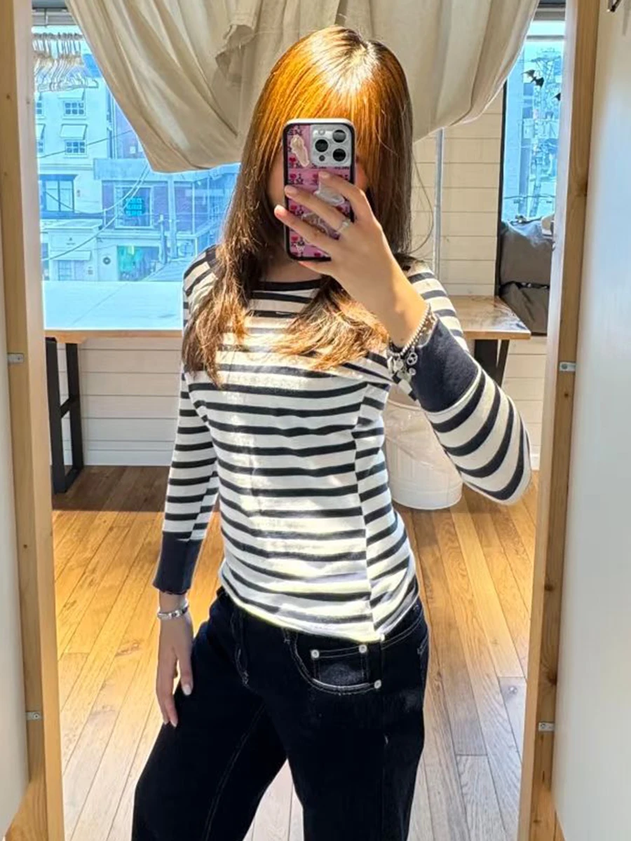 Navy Striped Long Sleeve T-shirt Woman Scoop Neck Slim Cotton Tee Shirts American Vintage Preppy Style Sweet Autumn Tshirts New