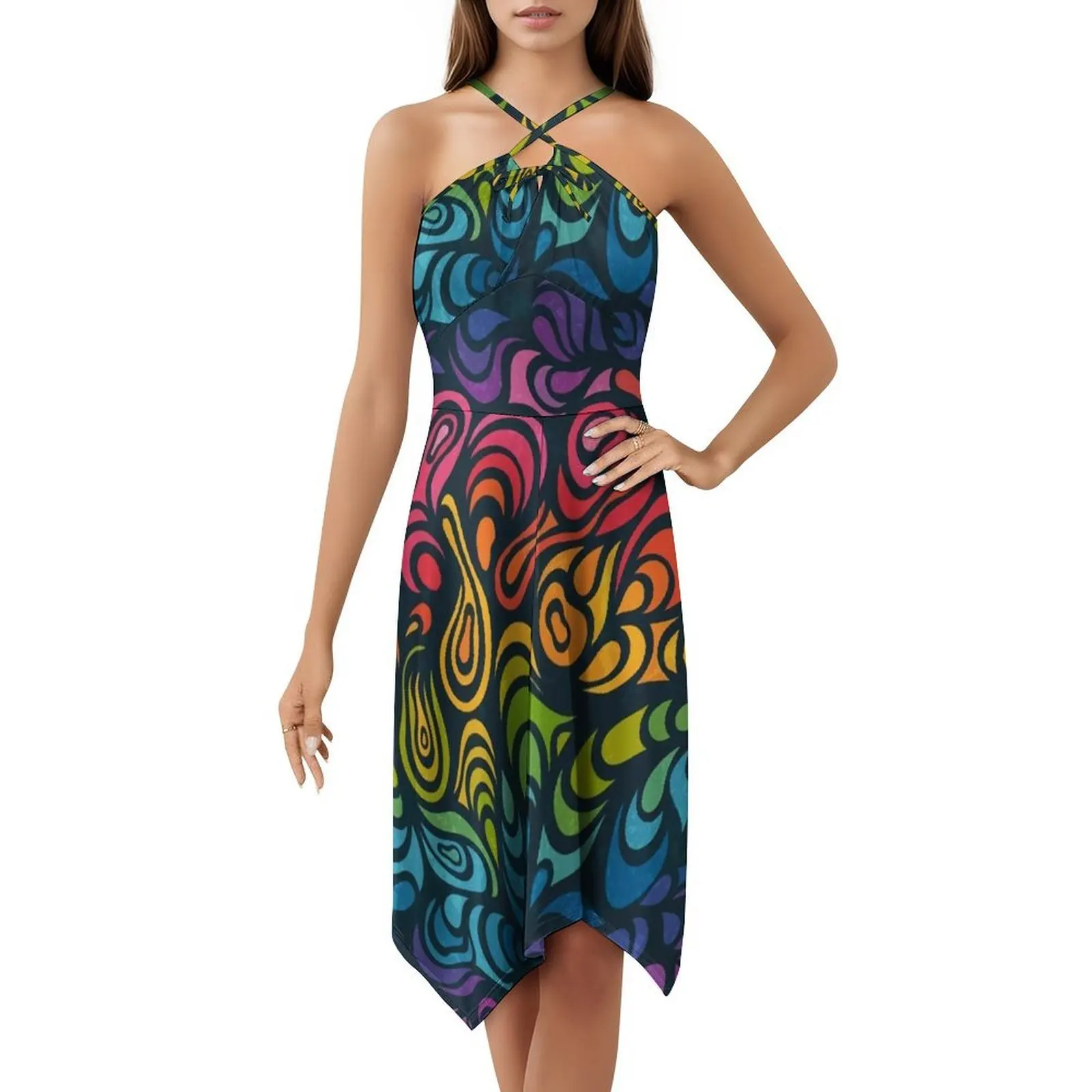 فستان عطلة مثير بألوان قوس قزح ذوبان رائع للنساء لحفلات الشاطئ وأعياد الميلاد فستان قصير ريترو 90S نمط برتقالي تجريدي للنساء #5