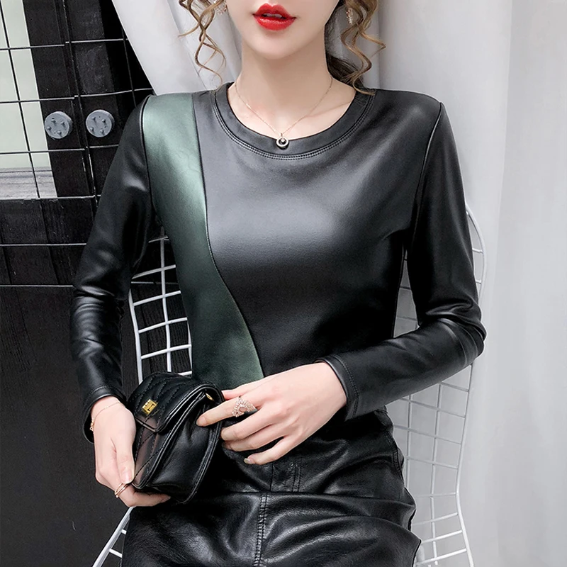 Autumn Winter Warm Shirts Women O Neck PU Leather Thicken Velvet Slim Tops Long Sleeve Elasitc Blouse Spliced Patchwork Blusas