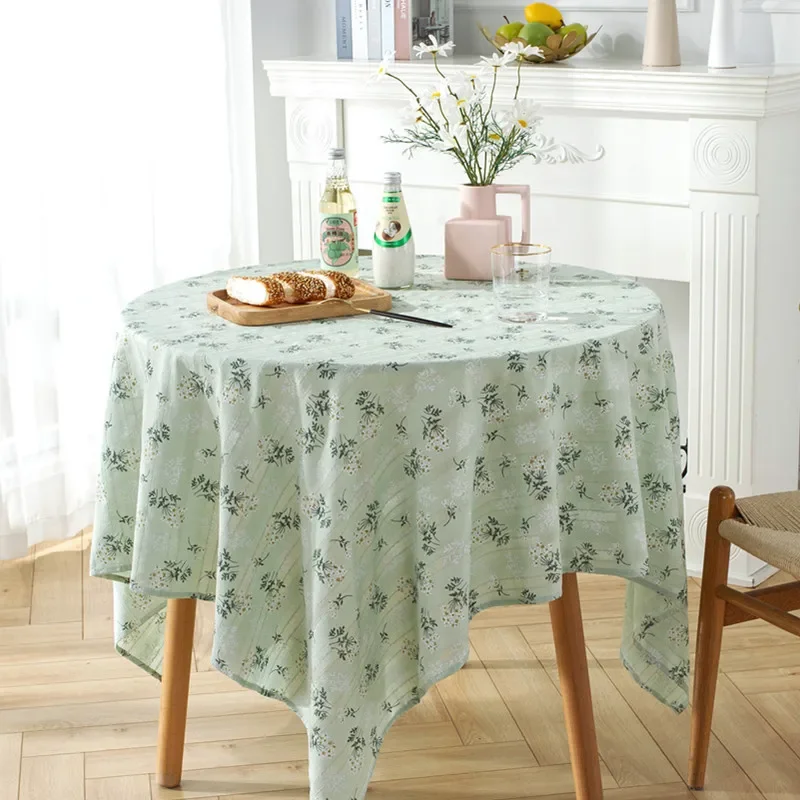 Green Flower Table Cloths Round Printed Cotton Farmhouse Table Covers for Kitchen Living Room Dining Washable Picnic Decorations