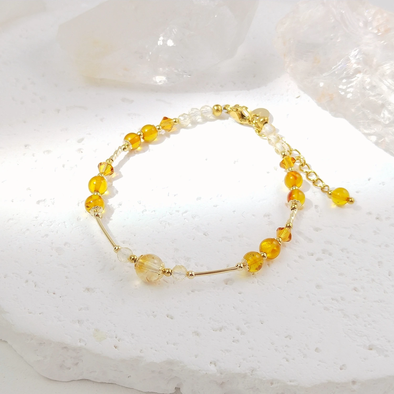 

Lii Ji Natural Stone 4mm Amber Citrine With Crystal Stainless Steel American 14K Gold Filled Bracelet 16.5+3cm