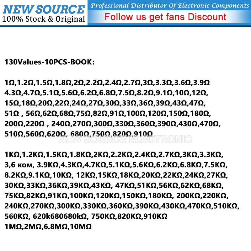 1/4W 1% Metal Film Resistor Sample Book 122/140Values 0.25W 1R~10M Ohm Assorted Resistor Kit Pack Newsource