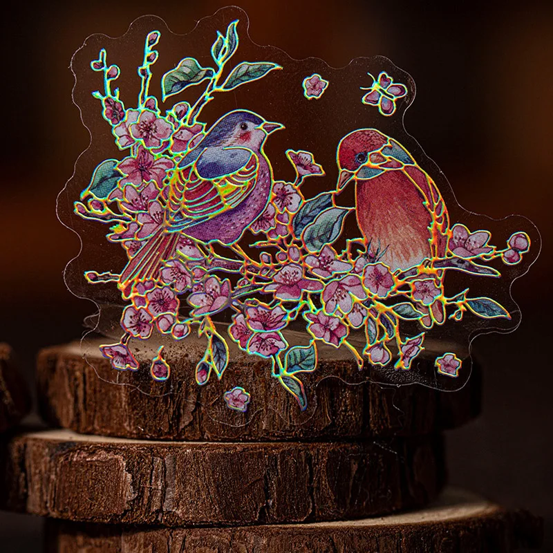 20Sheets Stickers Bird And Flower Series Flower Bird Collage Laser Silver Stickers Retro Flower Window Hand Account Decoration