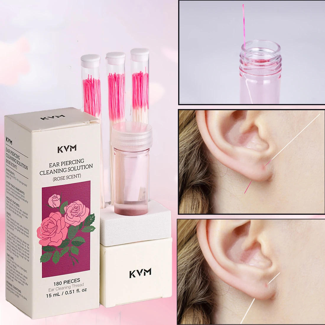 

180 Pieces of Ear Hole Cleaning Thread and15 Milliliters Ear Hole Cleaning Solution One-time Perforation Care and Cleaning Tools