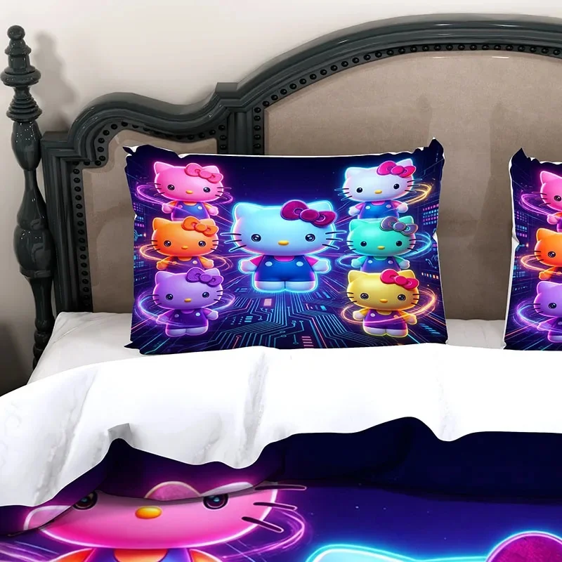 Cute Hello Kitty Bedding 3 Piece Set, 3D Y2K Neon Glow Cyber Tech Hello Kitty Microfiber Duvet Cover For Teen Girls Room Decor