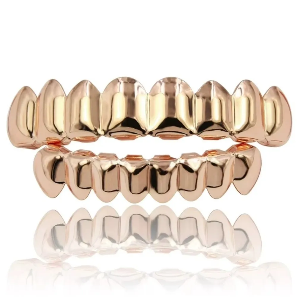 Trendy Glossy Finish Teeth Grillz Top Bottom Set Anti Slip Shiny Teeth Grillz Caps Eco-friendly Copper Gold Teeth Jewelry Party
