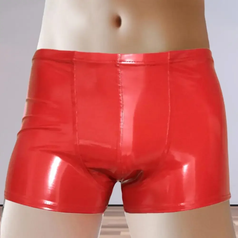 Sexy Shiny Faux Leather Shorts Male Shorts Hot Pants Stage Shorts Briefs Mid-rise Elastic Skin-touching Underwear Boxers Panties