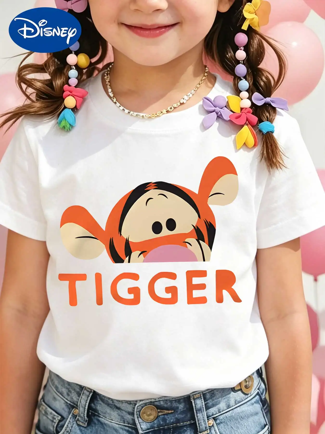 The Pooh Kids Cotton T-shirt, Peeking Tigger Head Bold Letter Print Short Sleeve Tops, Summer Toddler Girls Birthday Gift Tee