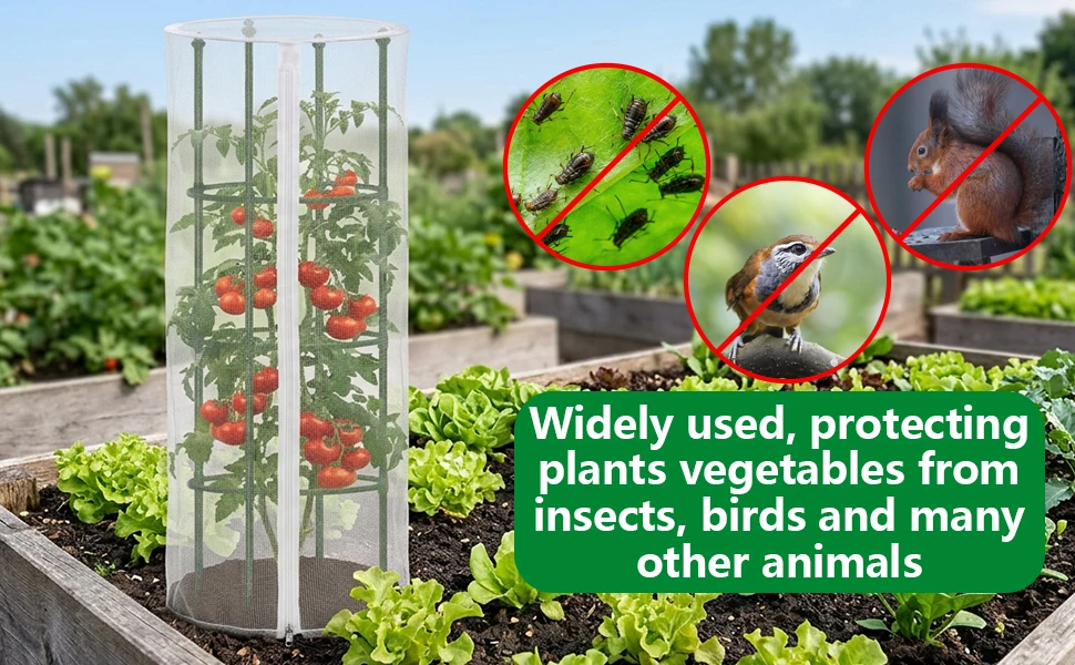 2 Pcs Garden Bird Netting Cover for Round Tomato Cage, 59' X 18' Tomato Trellis Insect Barrier Protection Mesh, Plant Cage Garden Net Cover with Zipper for Vertical Climbing Plants Vegetables Fruits