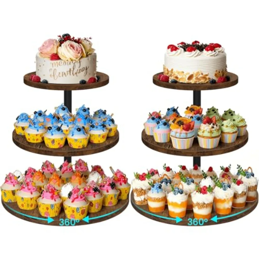 

3 Tier Cupcake Stand for 50 Cupcakes Rotating Wooden Cake Stand Rustic Dessert Display Tower with Tiered Trays Round Cupcake Ho
