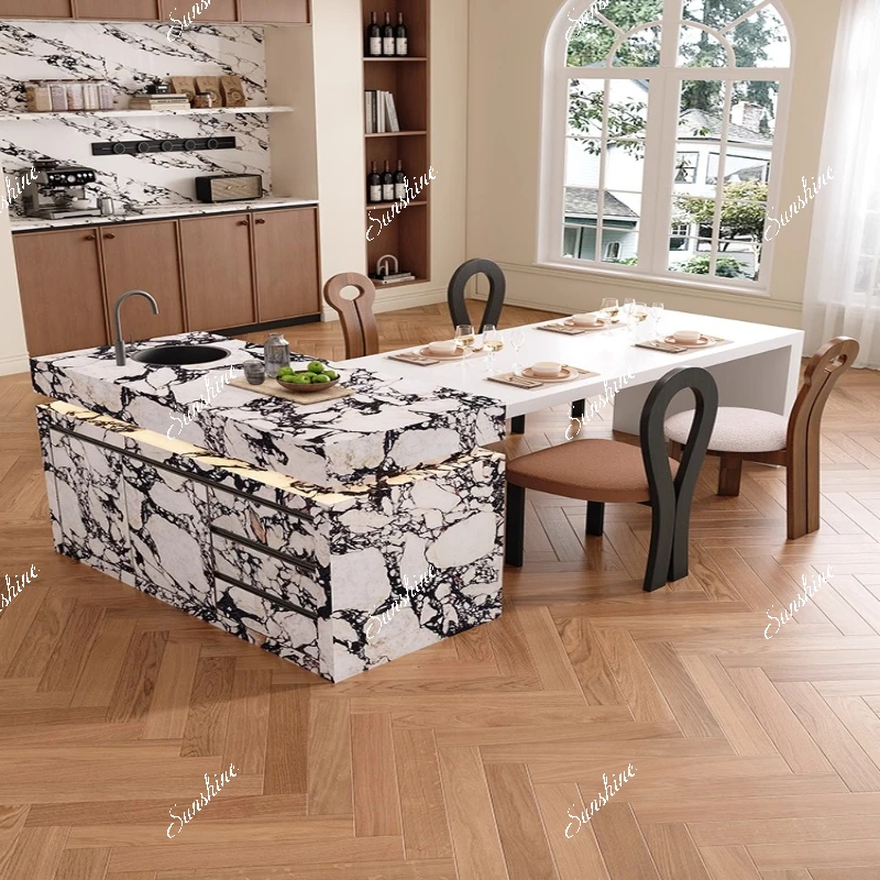 Medieval retractable rock slab villa sink island table integrated kitchen multi-function