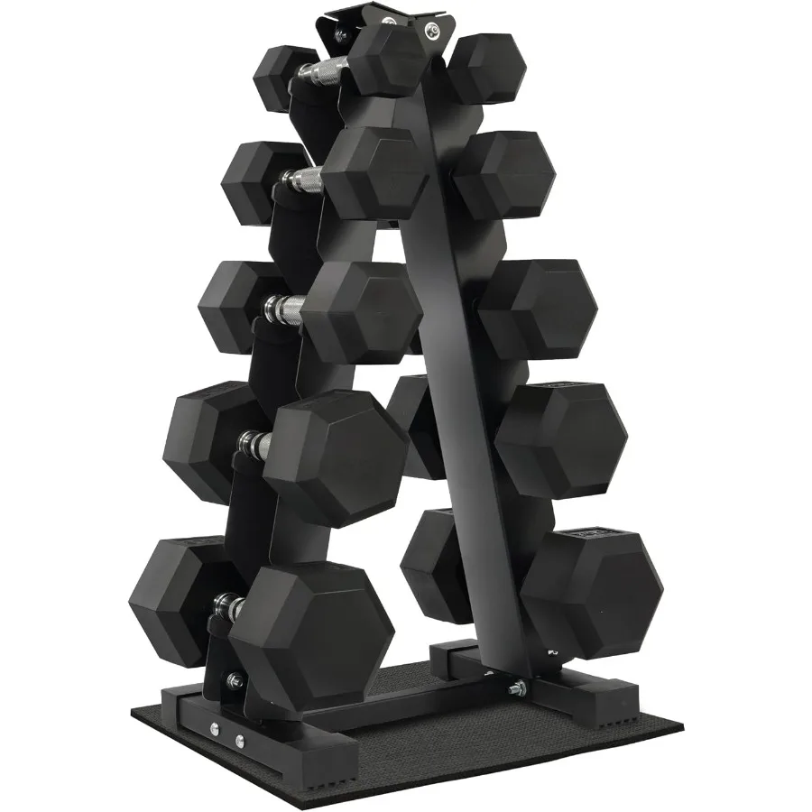 

Набор шестигранных гантелей с резиновым покрытием и стеллаж для хранения, гантели + A-образная стойка: 150 фунтов (5–25 фунтов пар)