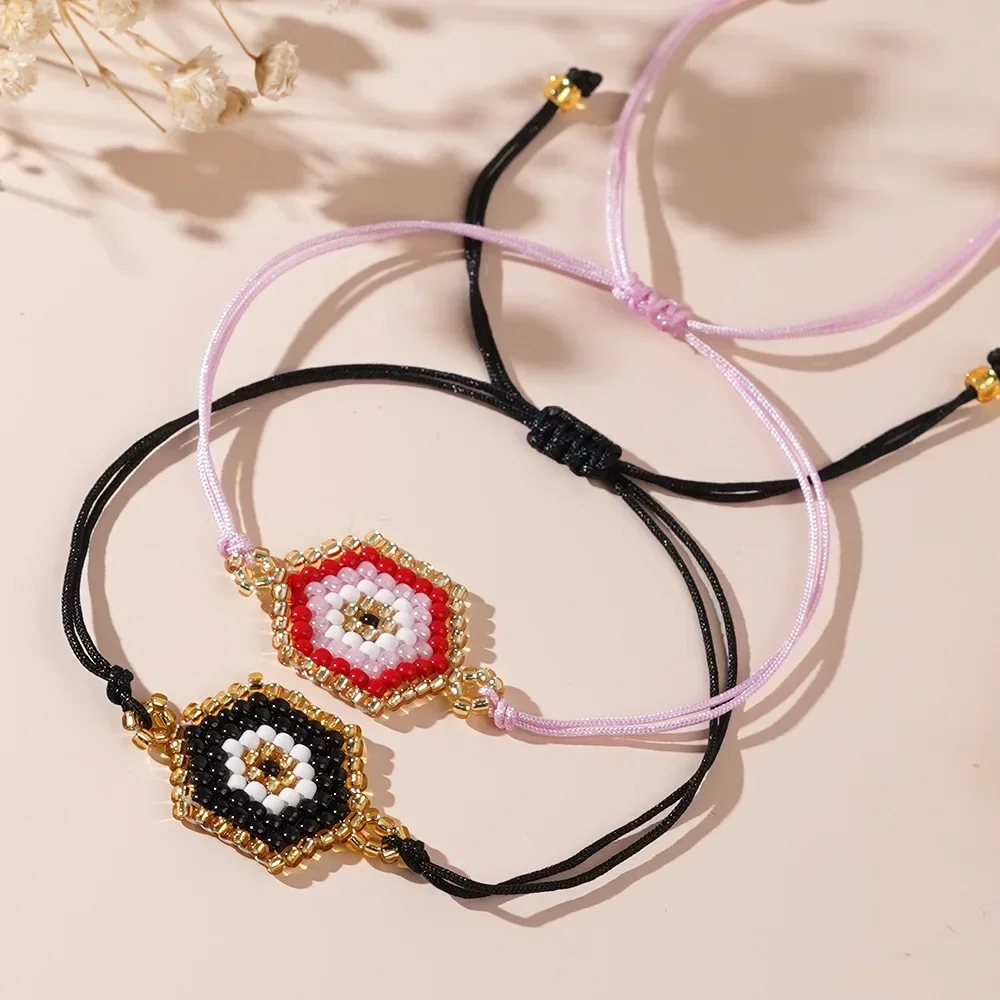 

ZGMXR Браслет из рисовых бусин Диявольский глаз Дизайн Оригинальность Ручное вязание Богемия Регулируемый модный женский простой браслет из бисера