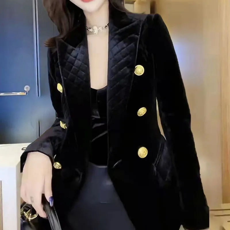 

Вафельная двубортная куртка, женский высококачественный бархатный костюм, пальто, универсальная модная хлопковая верхняя одежда, осень-зима