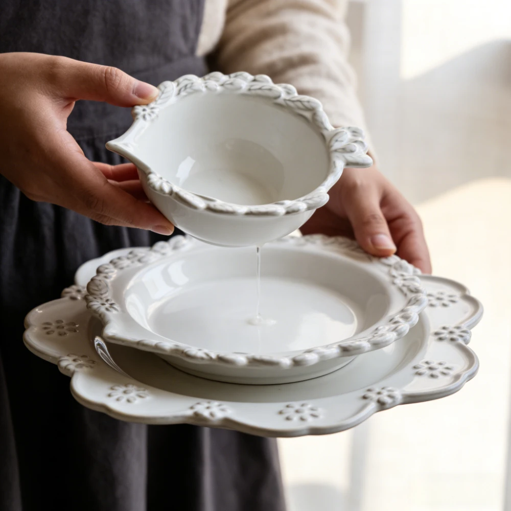 

Изысканная элегантная французская винтажная тарелка с рельефным кружевным узором, часть классической серии посуды, миска для завтрака, овсянки, фруктового салата.