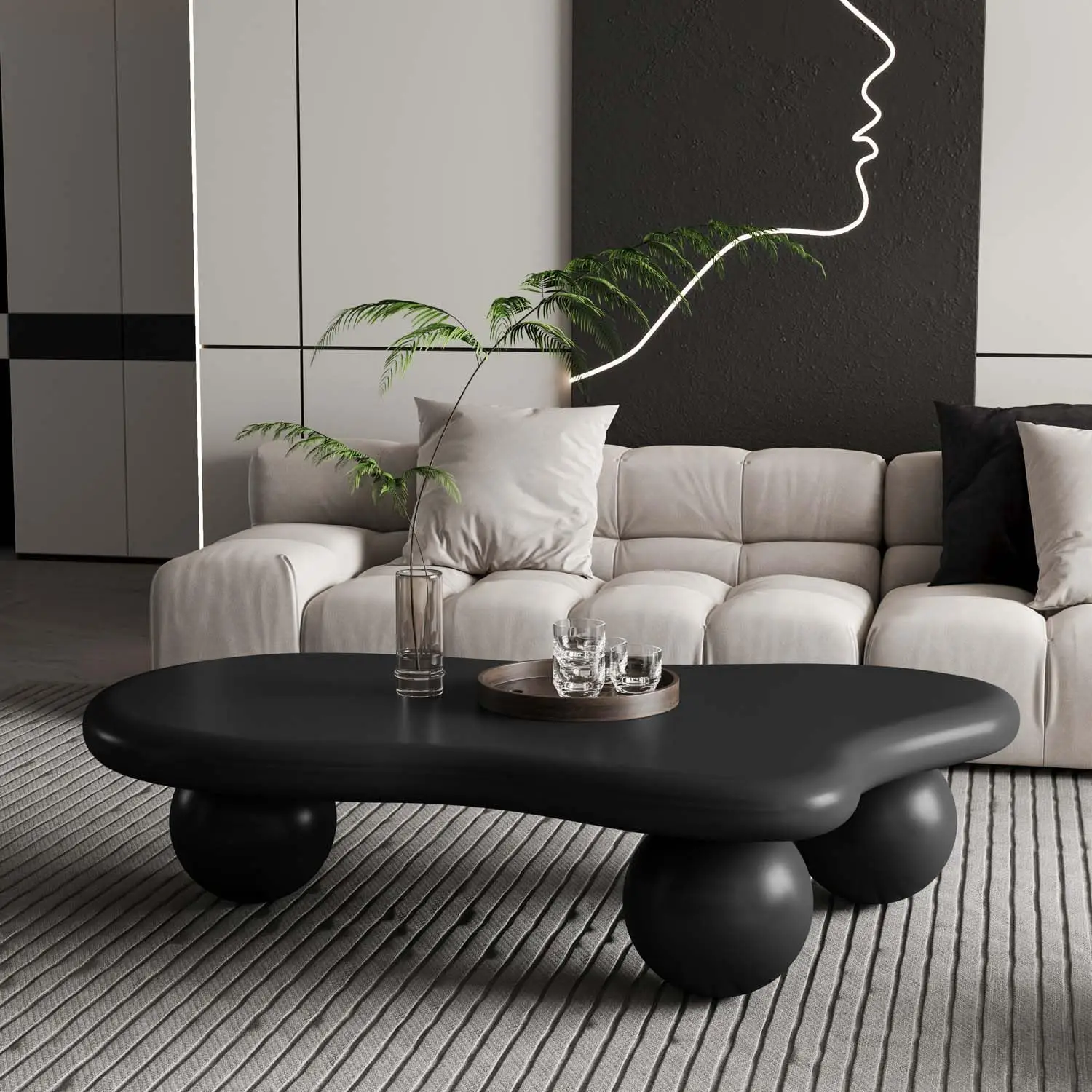 

47" Modern Black Coffee Table Cloud Shape Low Center Table Cute Irregular Indoor Tea Table with 3 Ball Legs for Living Room Smal