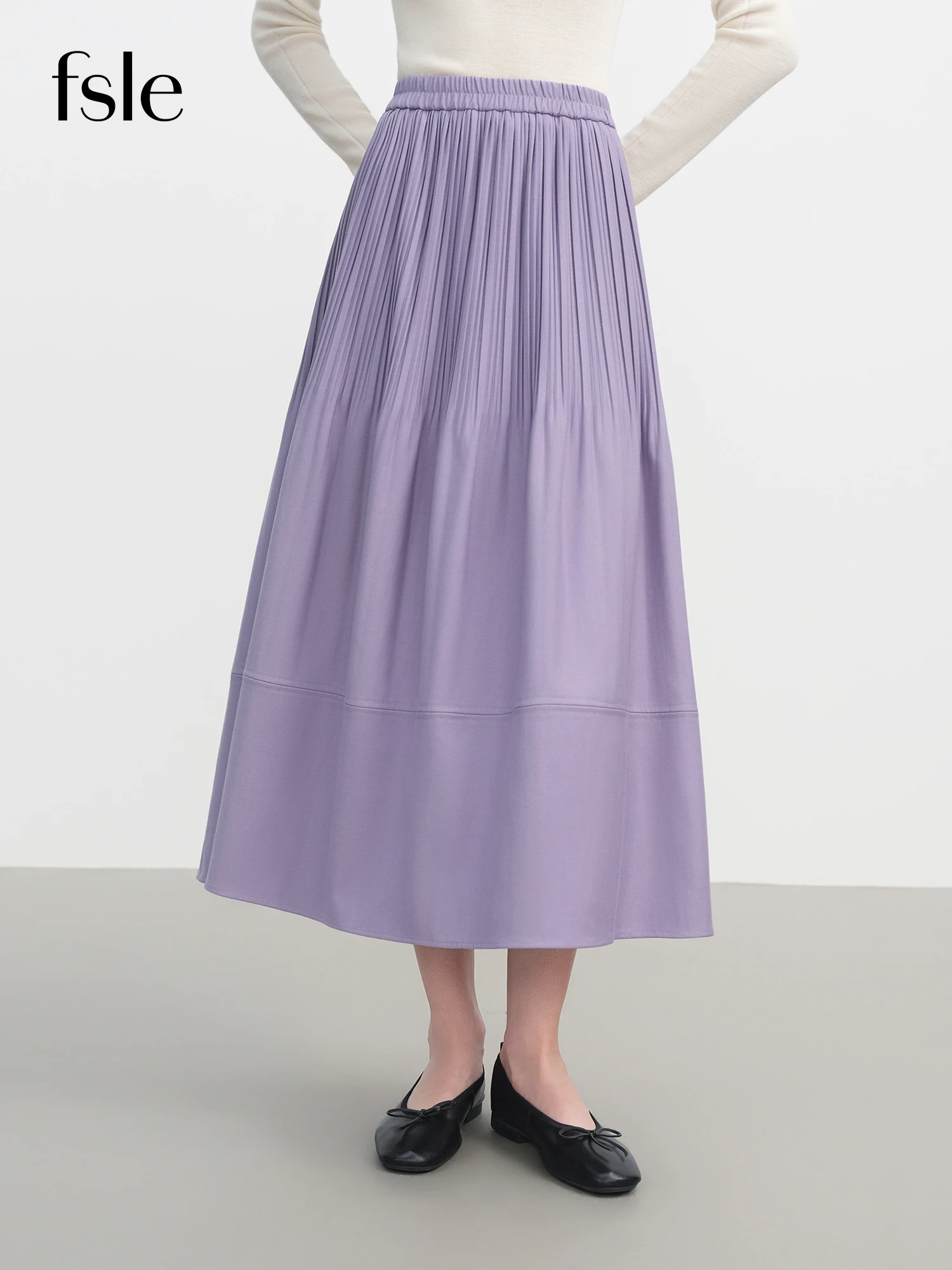 FSLE 2025 新作 レディース フレンチスタイル オンブレ プリーツ Aライン ミディスカート パープル ハイウエスト エレガント ティアード ラッフル ストレッチウエスト カジュアル