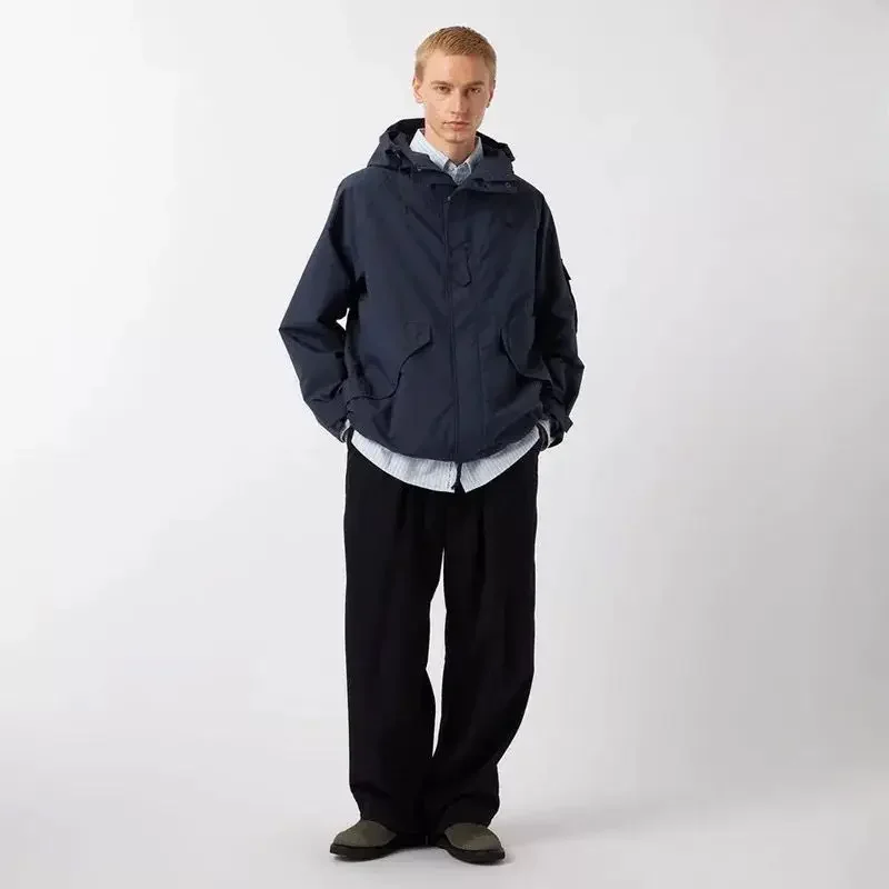 BEAMS Men's Hooded Windbreaker Jacket Multi Pocket Waterproof Casual Outdoor Loose Fit Japanese Style Streetwear Coat